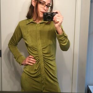 Olive Green Ruched Button Front Mini Dress Long Sleeve Collared